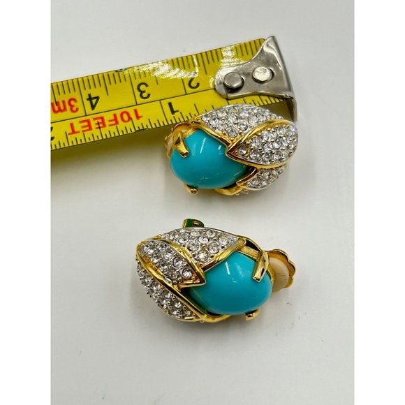 Signed Joan Rivers Clip Earrings Blue Turquoise Plastic Cabochon Clear Crystals - Picture 5 of 5